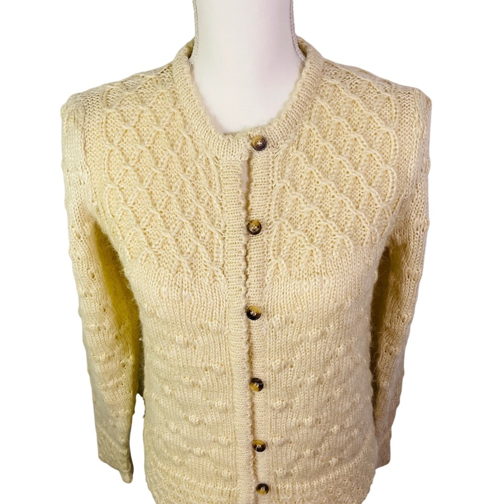 VTG Ginenne Cardigan Sweater Cable Knit Popcorn Stitch Women's M Cream Ivory - Picture 8 of 9